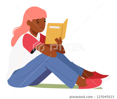 Teenage girl student cartoon character reading book preparing for exam, studying isolated on white 125045015