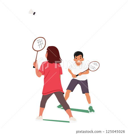 Cute children cartoon characters playing badminton holding rackets isolated on white background Cute children cartoon characters playing badminton holding rackets isolated on white background 125045026