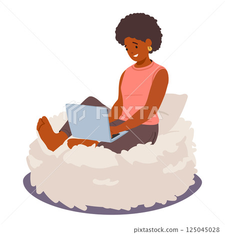Young woman cartoon character using laptop computer sitting on comfortable puff isolated on white Young woman cartoon character using laptop computer sitting on comfortable puff isolated on white 125045028