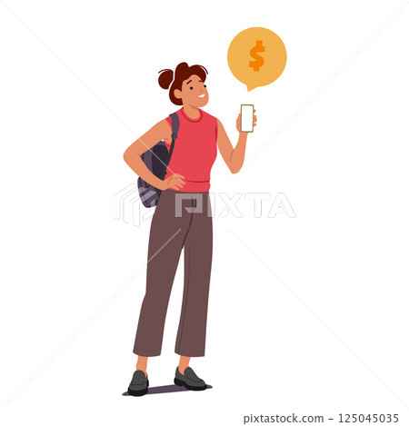 Young woman cartoon character using mobile phone for online payment during shopping on internet 125045035