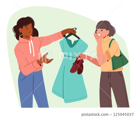 Satisfied woman buying clothes doing shopping and good commercial bargain at used stuff marketplace 125045037