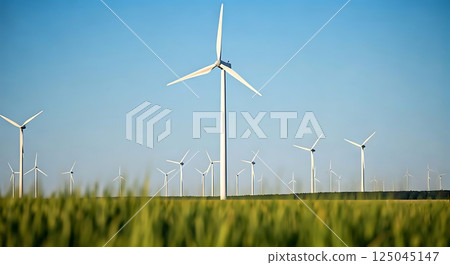 White wind turbines park. Concept of renewable energy. Clean Energy. White wind turbines park. Concept of renewable energy. Clean Energy. 125045147