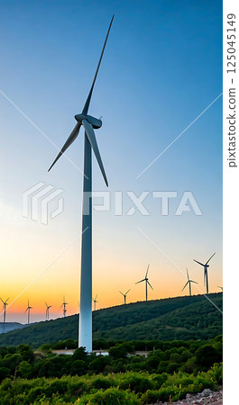 Vertical picture of wind turbin in the foreground. Blurred background sunset 125045149