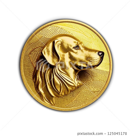 Golden portrait of a dog on a coin. White background. A charming dog is depicted on the coin. AI generated. 125045178