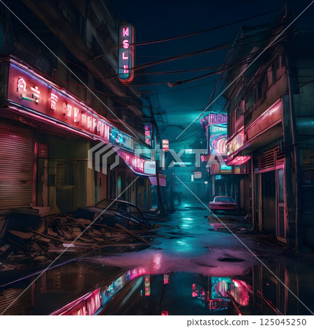 Abandoned City Street Under Neon Lights in Post-Apocalyptic Silence 125045250