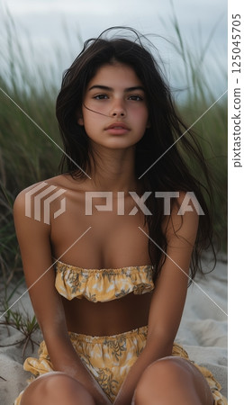 Teenage latina girl in a tan strapless outfit relaxing at the beach with gentle waves and tall grass in the background during a serene late afternoon 125045705