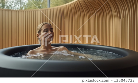 Relaxation with calm determination in a sleek circular tub surrounded by natural wooden elements 125045722
