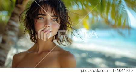 Young woman with beachy waves smiles under palm trees near a tranquil sea on a sunny afternoon Young woman with beachy waves smiles under palm trees near a tranquil sea on a sunny afternoon 125045730