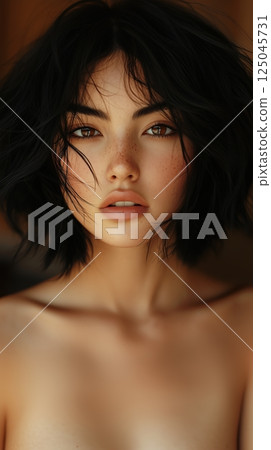 Portrait of a young woman with expressive features and natural beauty captured in soft lighting indoors Portrait of a young woman with expressive features and natural beauty captured in soft lighting indoors 125045731