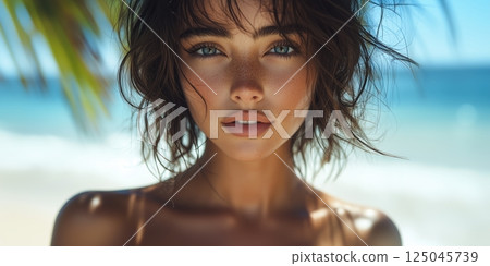 Brunette with bob hairstyle gazes into the camera on a sunny beach with palm trees, wearing a white top typical of island tribes 125045739
