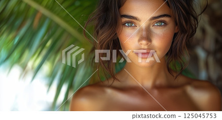 Brunette with piercing gaze wearing island-inspired dress on sunny beach with palm trees creating a vibrant atmosphere 125045753