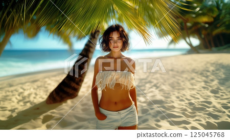 Brunette woman with bob hairstyle gazes confidently at the camera on a sunny beach day surrounded by palm trees 125045768
