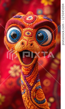 Mischievous snake looking surprised with a raised eyebrow on a vibrant red background in a children's book illustration style 125045894