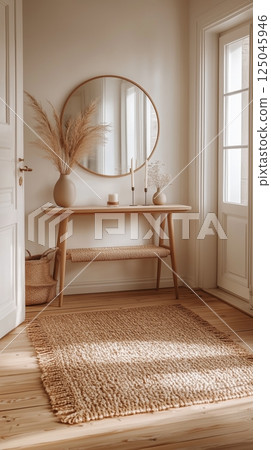 Contemporary entryway featuring a sleek console table, round mirror, and minimalist decor with natural light 125045946