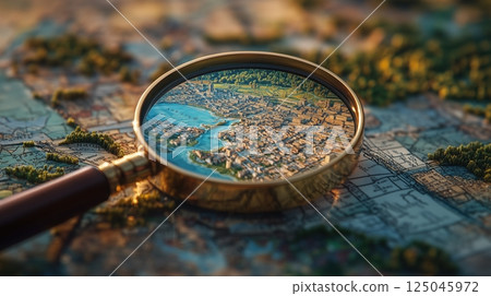 Exploring intricate details with a magnifying glass over a map of a coastal city during sunny daylight Exploring intricate details with a magnifying glass over a map of a coastal city during sunny daylight 125045972
