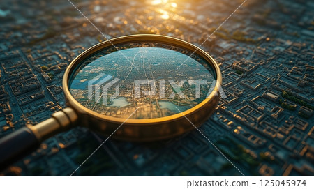 Magnifying glass showcasing intricate details of a city map with topographic features illuminated by sunlight Magnifying glass showcasing intricate details of a city map with topographic features illuminated by sunlight 125045974