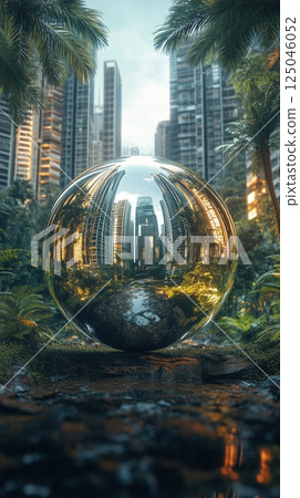 Reflective silver orb in a modern jungle city highlighting nature and urban architecture at sunset 125046052