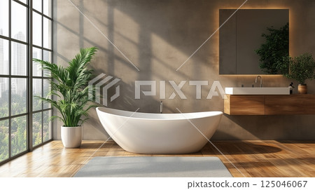 Sleek minimalist bathroom design featuring a freestanding white bathtub and modern vanity with natural light 125046067