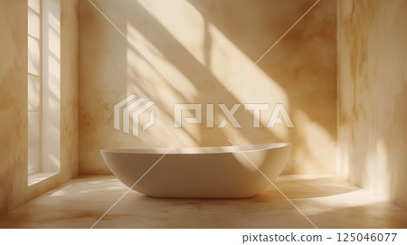 Charming abstract bathroom setting captured with soft beige and white tones illuminated by warm natural light at an inviting hour of the day 125046077