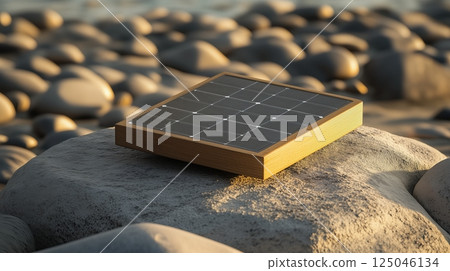 Small solar panel placed on a smooth rock amidst pebbles in a natural outdoor setting at sunset near the coastline Small solar panel placed on a smooth rock amidst pebbles in a natural outdoor setting at sunset near the coastline 125046134