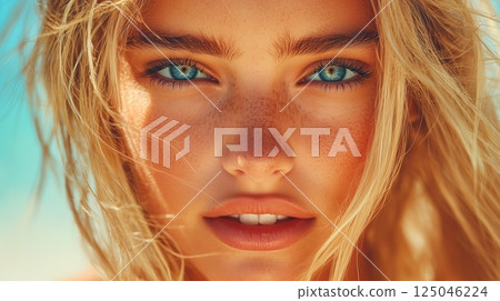 Blonde woman with long hair gazing directly at the camera on a sunny beach day surrounded by palm trees 125046224