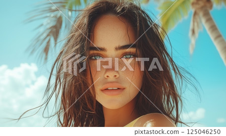 Brunette woman with piercing gaze enjoys a sunny day at the beach with palm trees and clear blue skies 125046250
