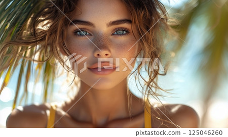Brunette woman with piercing gaze enjoying a sunny beach day in a yellow top surrounded by palm trees and the sea 125046260