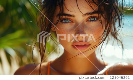 Brunette woman enjoying a sunny beach day gazing into the camera with confidence under palm trees by the sea 125046261