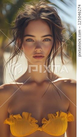 Brunette woman in yellow top enjoying the sun on a beach surrounded by palm trees and the shimmering sea 125046274