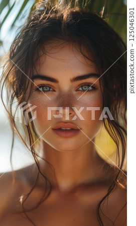 Portrait of a brunette woman gazing at the camera on a sunny beach surrounded by palm trees, showcasing her radiant skin and expressive features 125046301