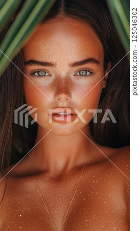 Brunette woman with piercing gaze enjoying a sunny day on the beach surrounded by palm trees and vibrant colors 125046302