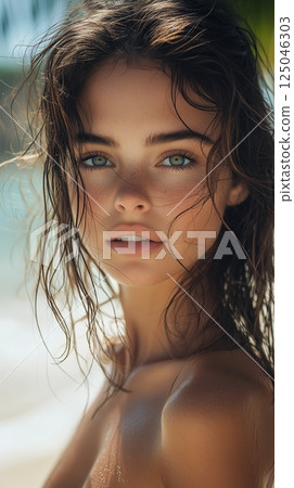 Brunette woman with captivating gaze enjoying a sunny day on the beach among palm trees 125046303