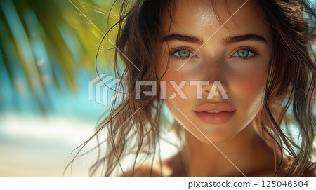 Brunette woman with a captivating gaze enjoys a sunny day on the beach surrounded by palm trees 125046304