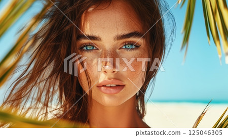 Brunette woman with captivating gaze enjoys a sunny beach day surrounded by palm trees and soft sand beneath her feet 125046305