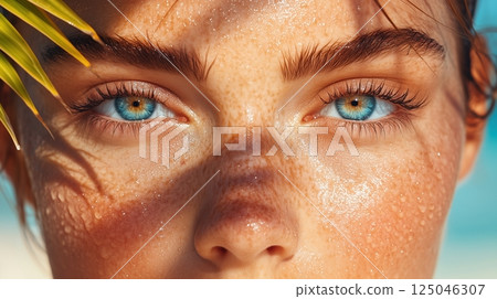 Brunette woman with striking blue eyes enjoying a sunny day on the beach surrounded by palm trees 125046307