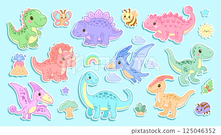 Colorful dinosaur sticker set with cute creatures, volcanoes, and clouds on blue background 125046352