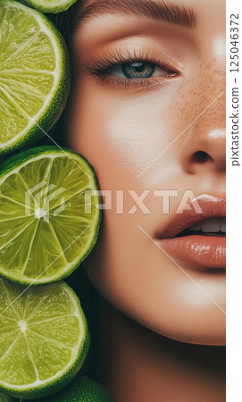 Stunning close-up of a beautiful woman surrounded by fresh limes emphasizing natural beauty and creative photography techniques 125046372