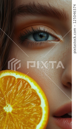 Portrait of a beautiful woman with citrus fruit, showcasing vibrant colors and intricate details, creating an artistic visual appeal 125046374