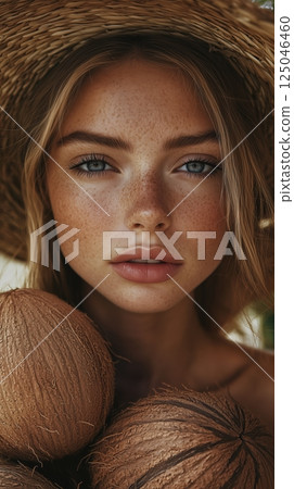Portrait of a beautiful woman with coconuts showcasing natural beauty and aesthetics in a creative outdoor setting 125046460
