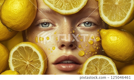 Portrait of a stunning woman surrounded by lemons showcasing creative fruit-inspired aesthetics in a vibrant setting 125046461