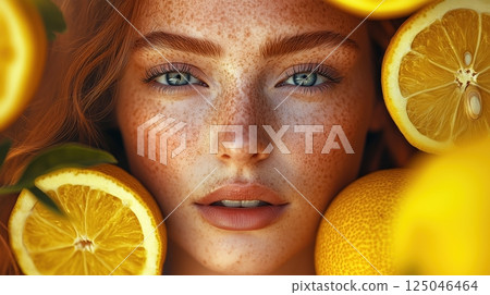 Stunning portrait of a woman with citrus close to her face in a creative light setting for high-resolution magazine cover art Stunning portrait of a woman with citrus close to her face in a creative light setting for high-resolution magazine cover art 125046464