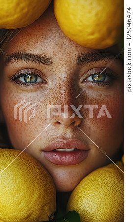 Portrait of a beautiful woman surrounded by fresh lemons, showcasing vibrant colors and intricate details in creative photography 125046474