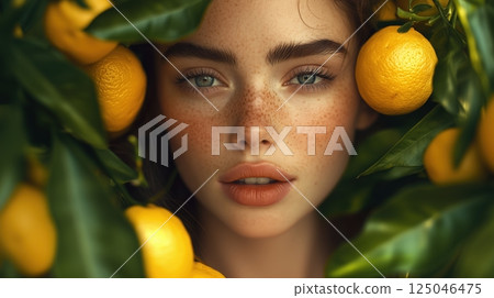 Beautiful woman surrounded by citrus fruits captures the essence of natural beauty with vibrant colors and intricate details in a stunning magazine cover-worthy shot 125046475