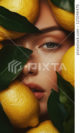 Portrait of a beautiful woman surrounded by fresh lemons and greenery showcasing creative photography with stunning details 125046476