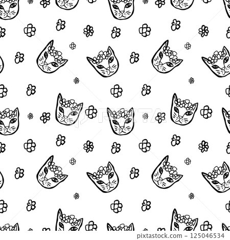 Seamless vector pattern with cats and flowers 125046534