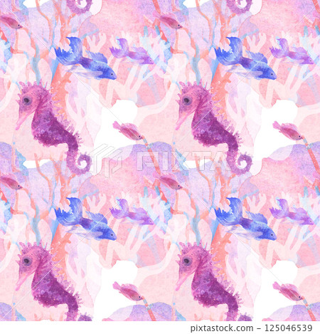 Watercolor pattern with seahorse, fish and corals. Watercolor pattern with seahorse, fish and corals. 125046539