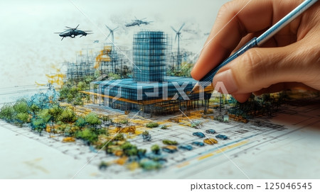 Futuristic blue gas station architectural blueprint with eco-friendly buildings and flying cars drawn by hand 125046545