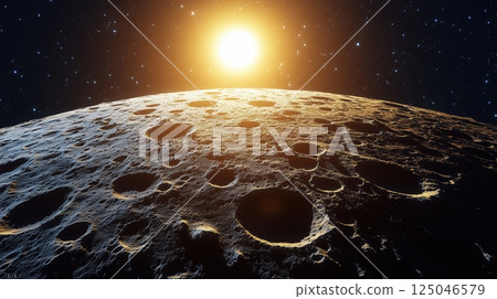 Lunar dawn awakens over the rugged surface of the Moon, showcasing craters and rocky terrain under a starry indigo sky 125046579