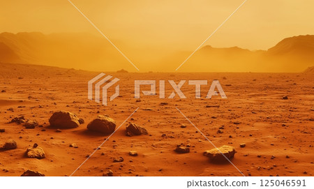 Expansive view of a Martian sandstorm blending surface and sky with rugged rocks partially buried beneath shifting sands 125046591
