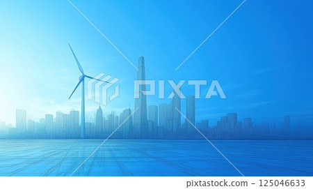 Minimalist wireframe depiction of wind turbine with city skyline against a blue background showcasing modern sustainable energy design 125046633
